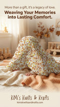 Baby wrapped in a floral blanket with text about comfort and memories, featuring Kimi's Kwilts & Krafts branding.