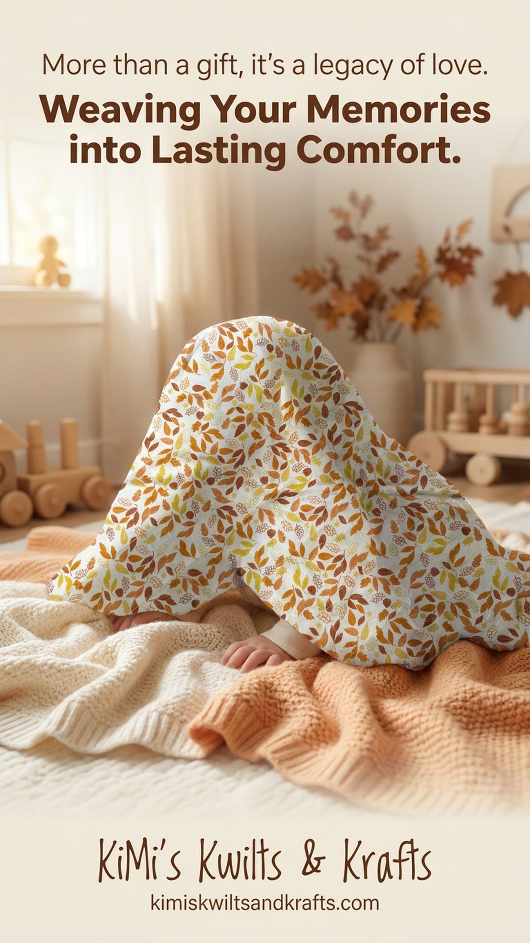 Baby wrapped in a floral blanket with text about comfort and memories, featuring Kimi's Kwilts & Krafts branding.