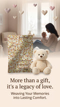 Blanket with teddy bear and woman holding baby in a room with heart decorations.