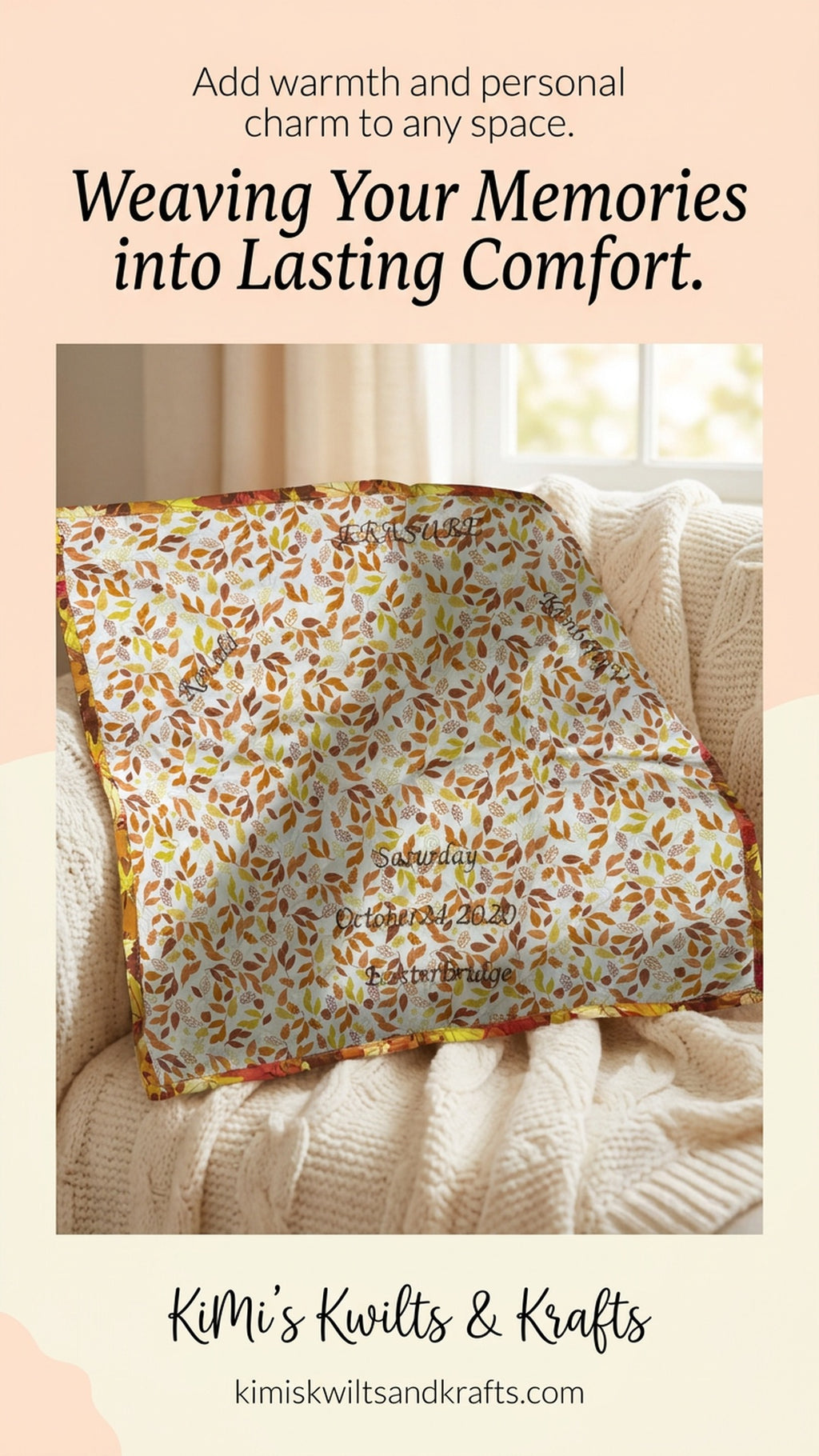 Patterned blanket on a couch with promotional text for Kimi's Kivits & Krafts.