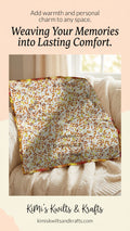 Patterned blanket on a couch with promotional text for Kimi's Kivits & Krafts.