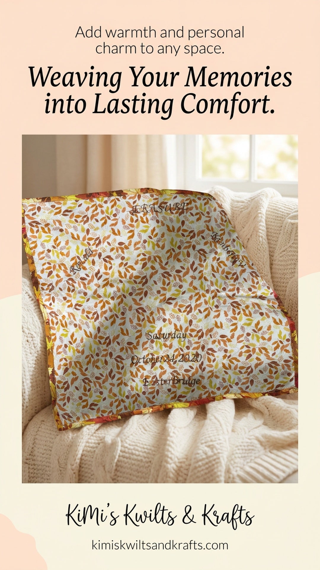 Patterned blanket on a couch with promotional text for Kimi's Kivits & Krafts.
